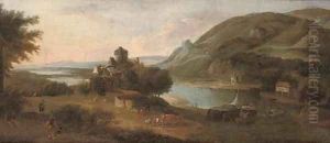 An extensive river landscape with a barge, figures, livestock and a ruined castle by Robert Griffier