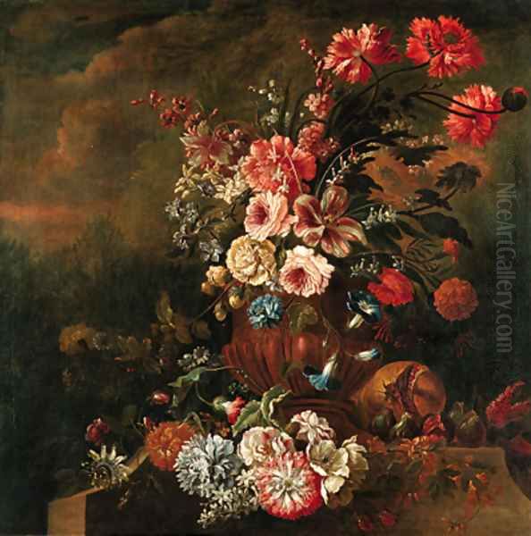 Tulips, narcissi, peonies, morning glory, roses and other flowers in a sculpted urn, on a ledge decorated with fruit and flowers in a landscape - view 1