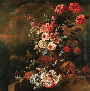 Tulips, narcissi, peonies, morning glory, roses and other flowers in a sculpted urn, on a ledge decorated with fruit and flowers in a landscape by Robert Griffier