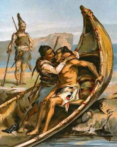 Robinson Crusoe and Man Friday Nursing a Native by E. Guillon