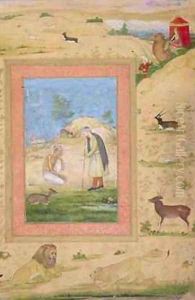 Majnun Kneels Before Lailas Messenger