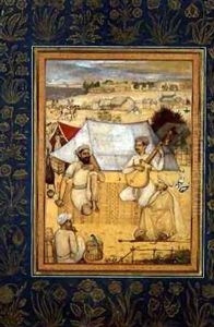 Musicians and singers Kneel at the Outskirts of a Mughal Camp A Yogi and a Servant Listen to them by Govardhan