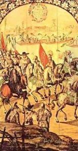 The encounter between Hernando Cortes 1485-1547 and Montezuma 1466-1520