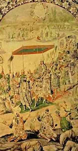 One of a pair of panels depicting the encounter between Hernando Cortes 1485-1547 and Montezuma 1466-1520 Montezuma and his followers - view 1