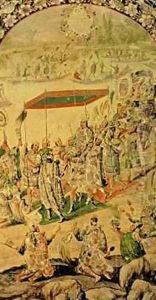 One of a pair of panels depicting the encounter between Hernando Cortes 1485-1547 and Montezuma 1466-1520 Montezuma and his followers by Miguel and Juan Gonzalez