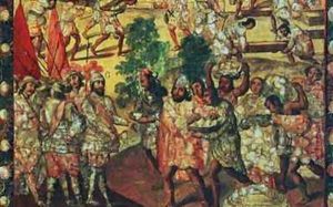 Detail of Hernan Cortes 1485-1547 Entering Cempoal and Receiving Chief Gordo Quauhtlaebana Who Gives Meat and Presents to all the Spaniards by Miguel Gonzalez