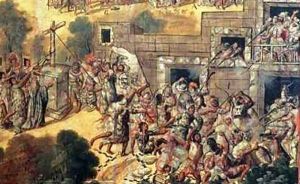 Detail of the Attempt to Pull Down the Cross facing the idols and stone throwing and arrow shots against Montezuma 1466-1520 by Miguel Gonzalez