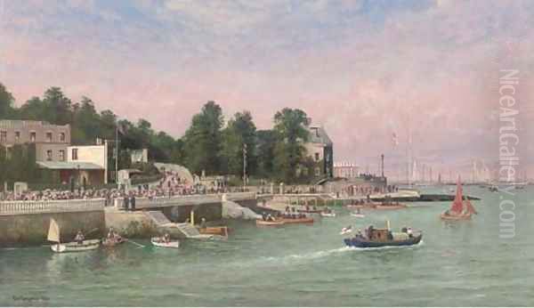 Big-class yachts racing at the regatta at Cowes, elegant figures on the esplanade - view 1