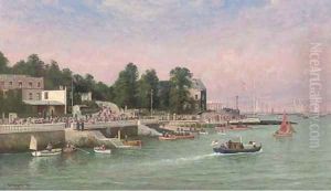 Big-class yachts racing at the regatta at Cowes, elegant figures on the esplanade