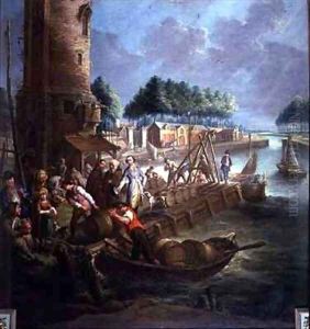 Canal scene with wine merchant unloading barrels by Jan-Anton Garemyn