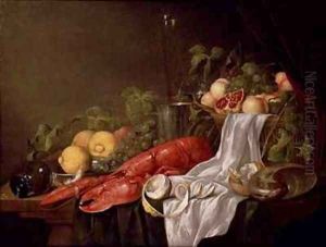 Still life of fruit and a lobster on a cloth draped table by Jasper Geerards