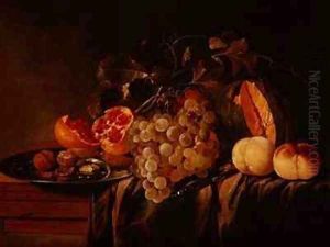 Still life of melon grapes pomegranate walnuts on a pewter plate and peaches by Jasper Geerards