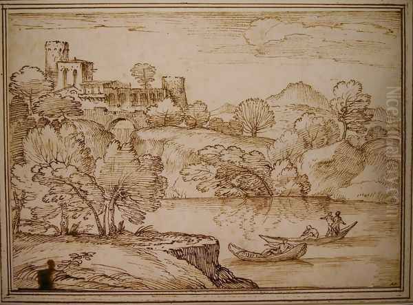Classical landscape with boats on a lake below a castle - view 1