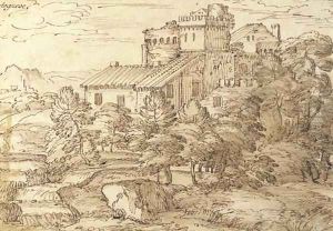 An extensive wooded landscape with fortified farm buildings by Giovanni Francesco Grimaldi