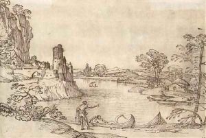 A landscape with boatmen by a lake and a village seen beyond