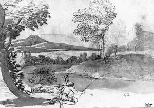 A wooded river landscape with a boy fishing by Giovanni Francesco Grimaldi