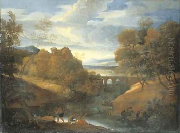 A classical river landscape with figures fishing - view 1
