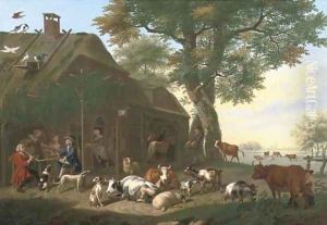 An elegant company by a tavern, with cows, sheep, goats and other animals by Jan van Gool