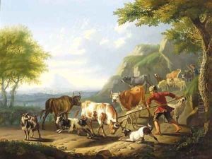 An Italianate landscape with a herdsman and his dog restraining a bull by Jan van Gool