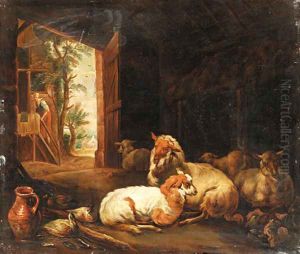 The interior of a barn with sheep and ducks resting, a maid entering a house beyond by Jan van Gool