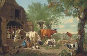 A farmyard with a milkmaid and a herdsman by Jan van Gool