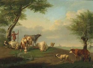 A Herdsman and Cattle with a Milkmaid in a River Landscape