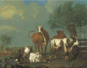A pastoral landscape with cattle and goats by a fence by Jan van Gool