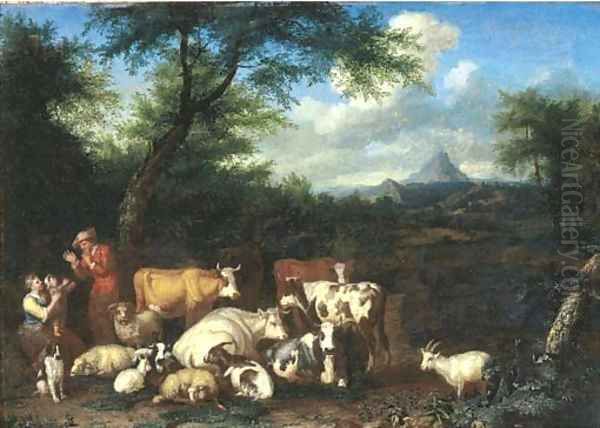 A wooded landscape with a herdsman and shepherdess resting with their flocks - view 1