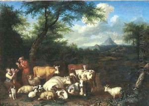 A wooded landscape with a herdsman and shepherdess resting with their flocks by Jan van Gool