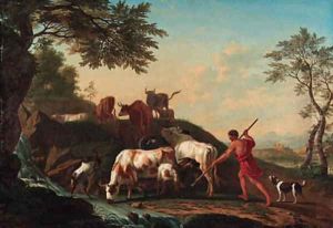 A herdsman with cattle and goats by a stream by Jan van Gool