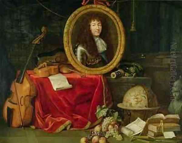 Still life with portrait of King Louis XIV 1638-1715 surrounded by musical instruments flowers and fruit - view 1