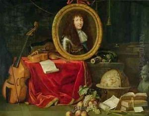 Still life with portrait of King Louis XIV 1638-1715 surrounded by musical instruments flowers and fruit