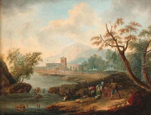 An extensive river landscape with anglers on a bank - view 1