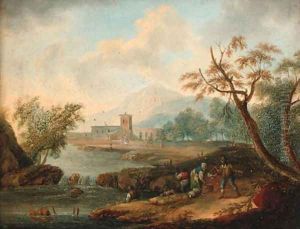 An extensive river landscape with anglers on a bank
