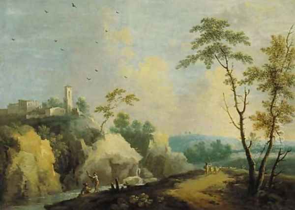 A mountainous river landscape with a couple on a boat and a shepherd with his flock, a village beyond by Norbert Joseph Carl Grund