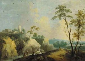 A mountainous river landscape with a couple on a boat and a shepherd with his flock, a village beyond by Norbert Joseph Carl Grund