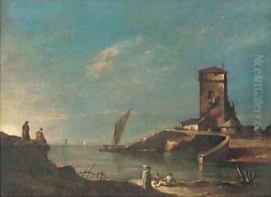 A capriccio with a tower, figures in the foreground by Francesco Guardi