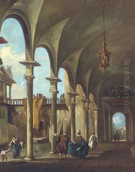 A Venetian courtyard with elegant company under a colonnade - view 1