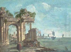 A capriccio of a Mediterranean harbour with figures amongst classical ruins