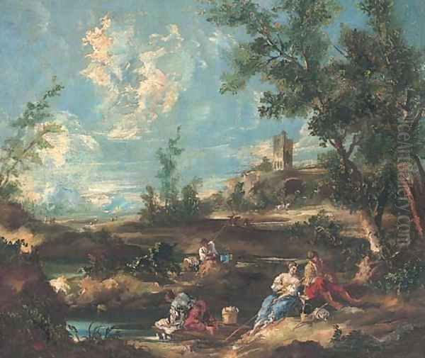 A landscape with anglers by a river, a town beyond - view 1
