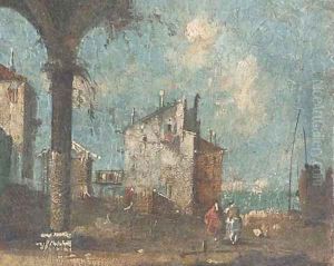Figures at a Venetian backwater before the Lagoon by Francesco Guardi