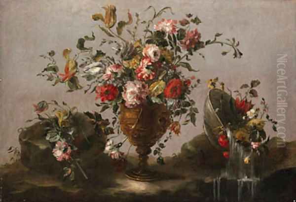 Parrot tulips, roses and other flowers in an urn, flowers in a bowl with water spilling out and a bunch of flowers on a rocky bank - view 1