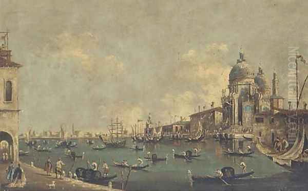 Gondolas and other shipping at the entrance to the Grand Canal before Santa Maria della Salute - view 1