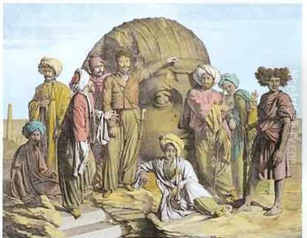 Monsieur Drovetti and his followers using a plumb line to measure a colossal head in the Egyptian desert - view 1