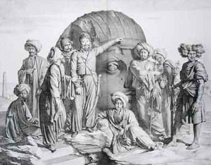 Monsieur Drovetti and his followers using a plumb line to measure a colossal head in the Egyptian desert 2