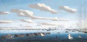 A panorama of Portsmouth harbour with hulks in line ahead and the fleet at anchor, including warships of the American and Spanish navies A panorama of Portsmouth harbour with hulks in line ahead and the fleet at anchor, including warships of the American and Spanish navies