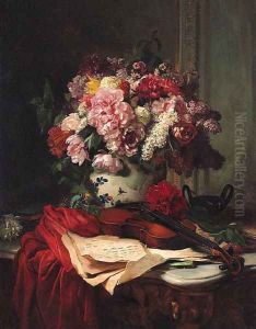 Roses, Peonies, Lilac and other Flowers in a ceramic Vase, behind a Violin and Music Score