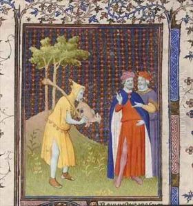 Fool with a small animal from the Bible Historiale by Petrus Gilberti