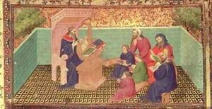 Solomon dictates the Proverbs from the Bible Historiale by Petrus Gilberti