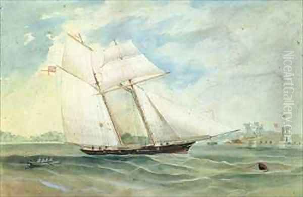 Farm Cove and Fort Macquarie with sailing ship in foreground - view 1
